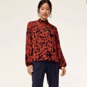 Babaton Floral Blouse Chiffon Red Black Size XXS Long Sleeve High Neck